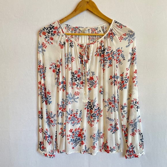 Lucky Brand Tops - Lucky Brand Popover Long Sleeve Drawstring Tie Neck Blue Red Florals Size Small